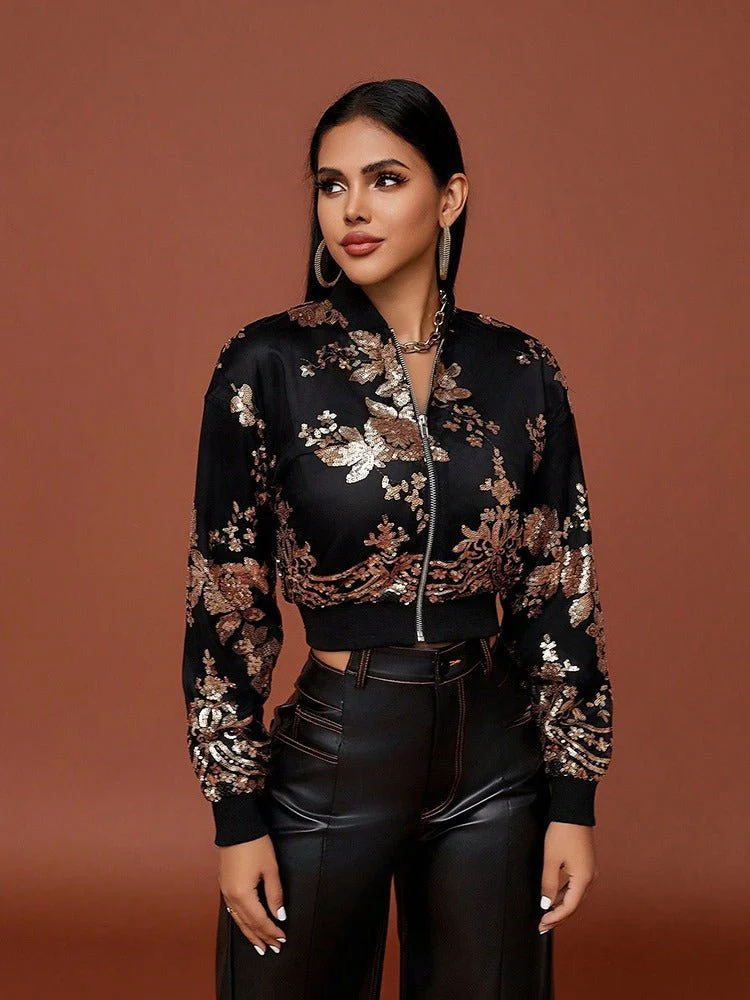 The Sequin Bloom | Women's Floral Embroidered Sequined Slim Crop Jacket FD - Image 5