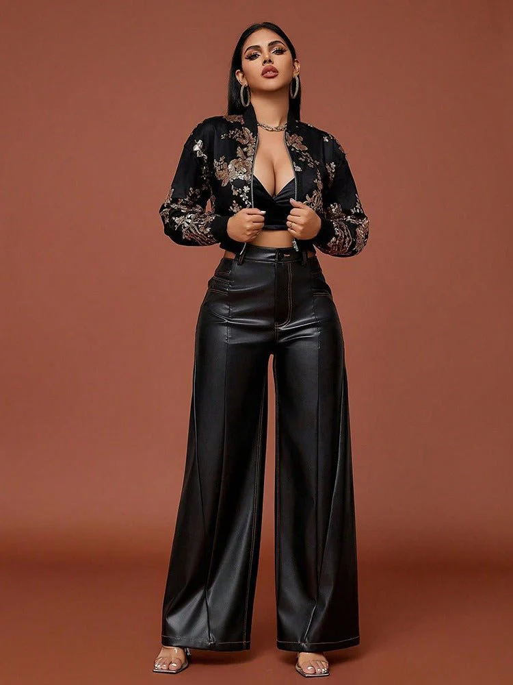 The Sequin Bloom | Women's Floral Embroidered Sequined Slim Crop Jacket FD - Image 8