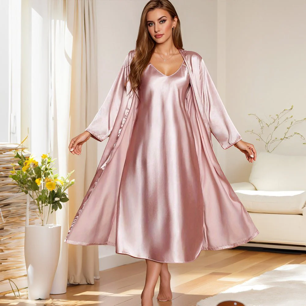The Serene Flow | Solid Color Suspender Long Robe Nightdress Set - Image 2