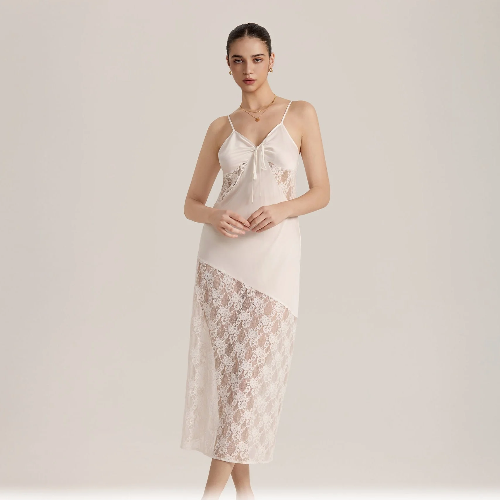 The Sheer Desire | White Lace Satin Patchwork Maxi Slip Sleep Dress