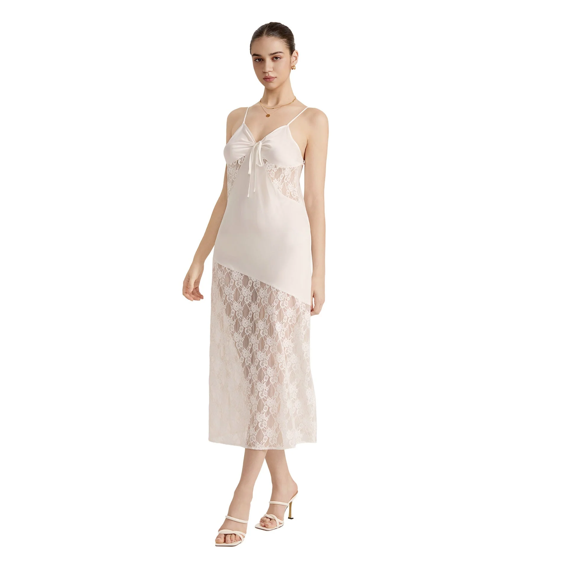 The Sheer Desire | White Lace Satin Patchwork Maxi Slip Sleep Dress - Image 5