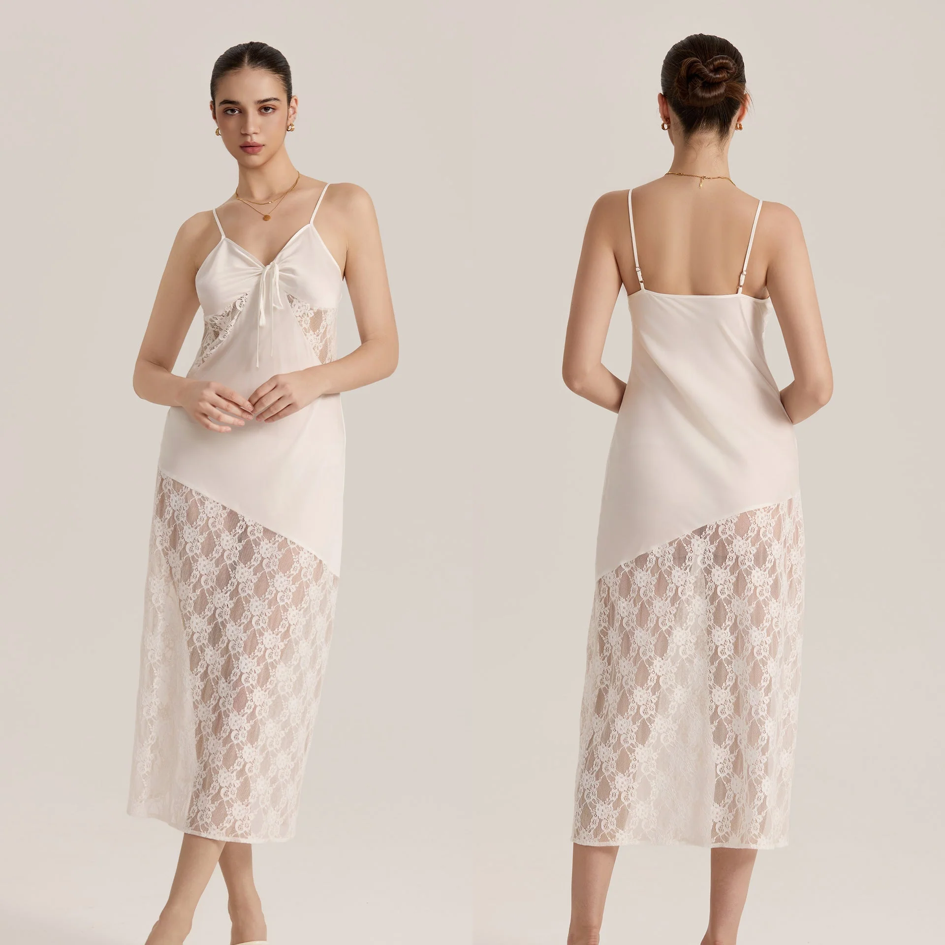 The Sheer Desire | White Lace Satin Patchwork Maxi Slip Sleep Dress - Image 6