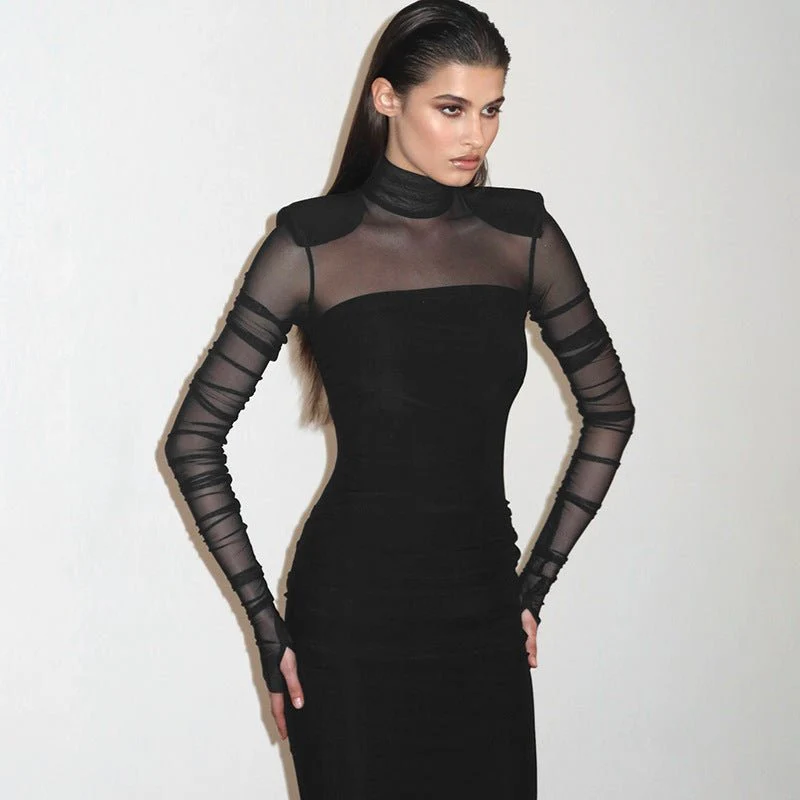 The Sheer Edge | Solid Black Mesh Splicing High-Collar Bodycon Maxi Dress - Image 11