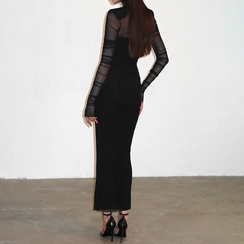 The Sheer Edge | Solid Black Mesh Splicing High-Collar Bodycon Maxi Dress - Image 12