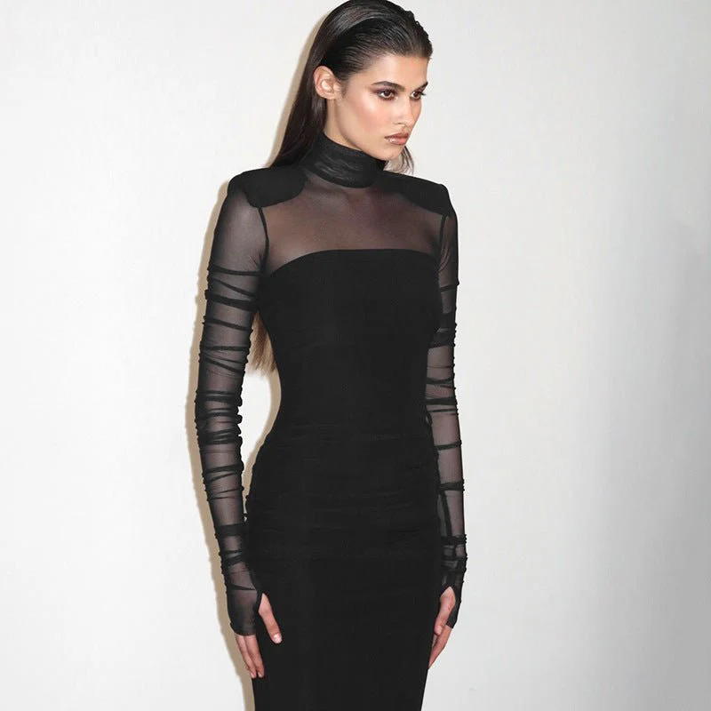 The Sheer Edge | Solid Black Mesh Splicing High-Collar Bodycon Maxi Dress - Image 13