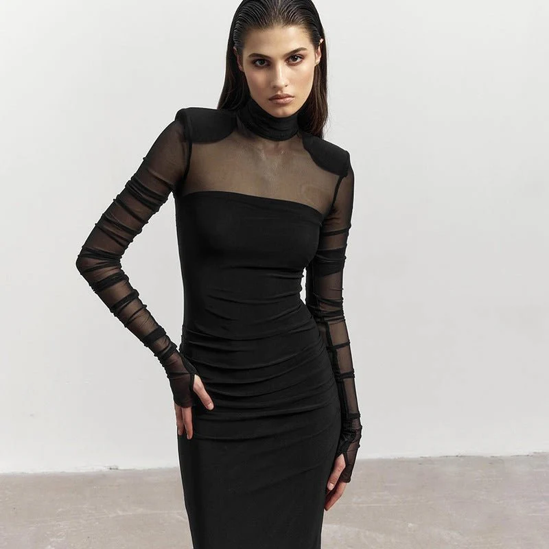 The Sheer Edge | Solid Black Mesh Splicing High-Collar Bodycon Maxi Dress - Image 14