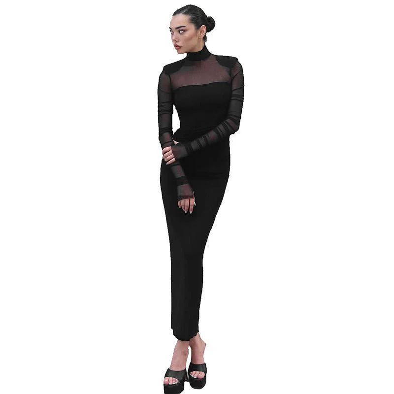 The Sheer Edge | Solid Black Mesh Splicing High-Collar Bodycon Maxi Dress - Image 15