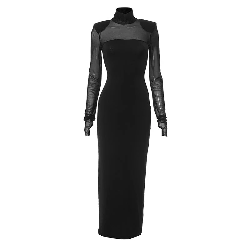 The Sheer Edge | Solid Black Mesh Splicing High-Collar Bodycon Maxi Dress - Image 22