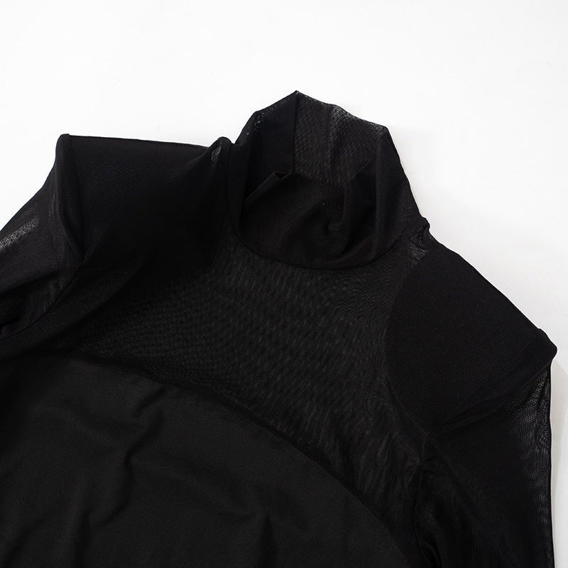 The Sheer Edge | Solid Black Mesh Splicing High-Collar Bodycon Maxi Dress - Image 23