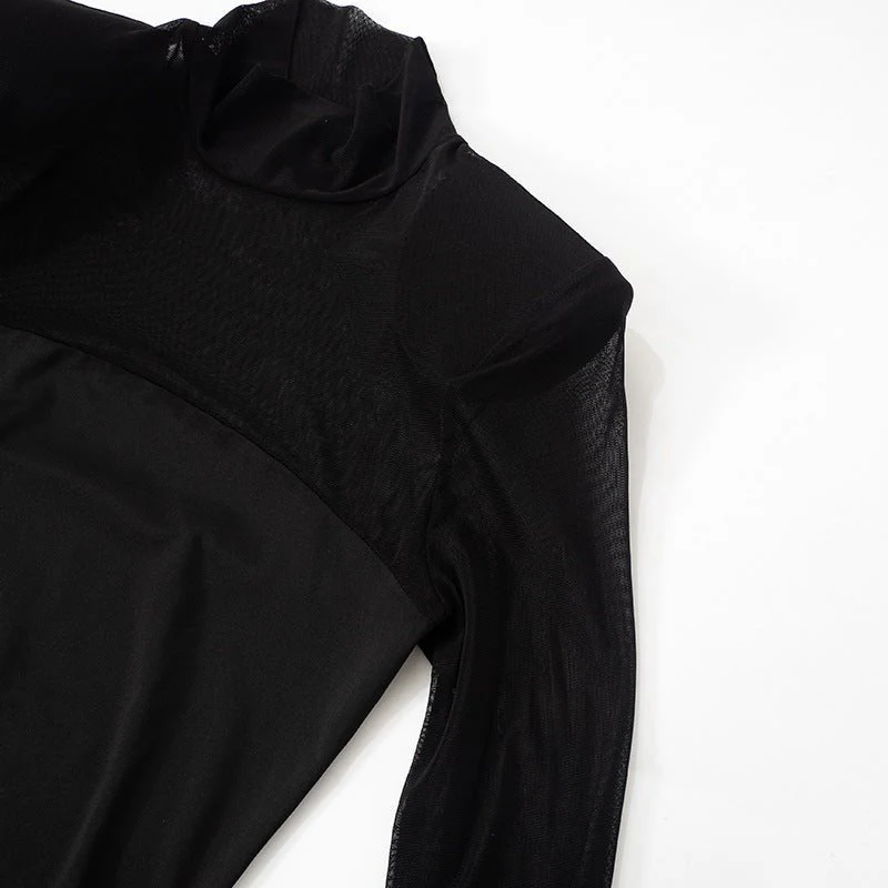 The Sheer Edge | Solid Black Mesh Splicing High-Collar Bodycon Maxi Dress - Image 24