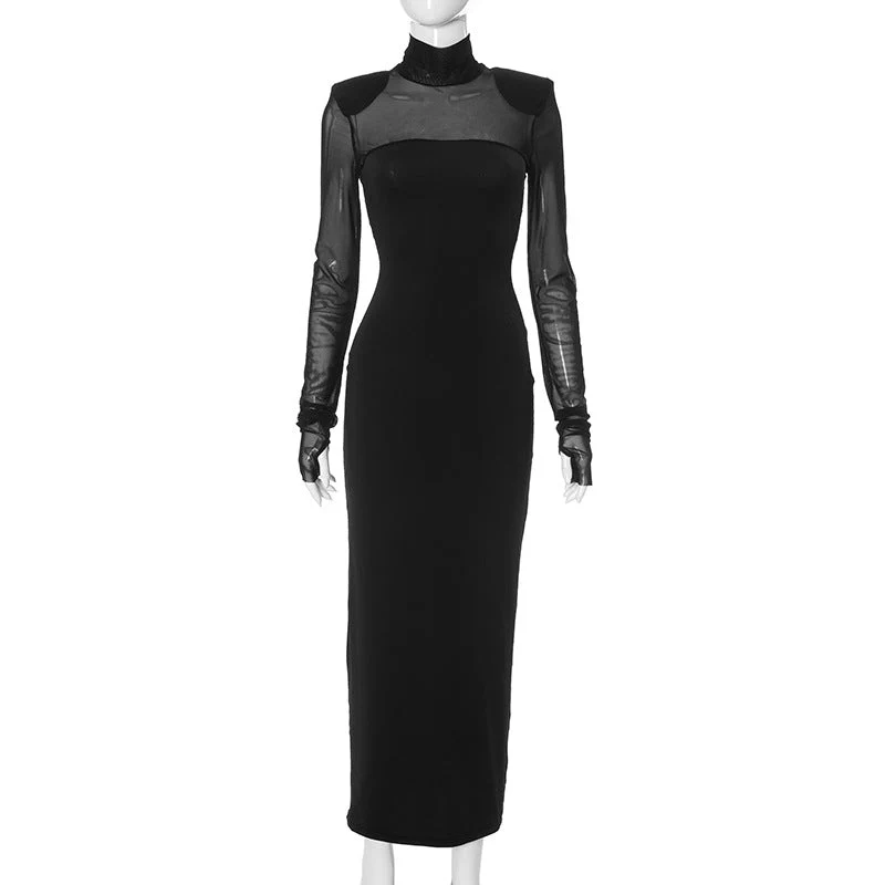 The Sheer Edge | Solid Black Mesh Splicing High-Collar Bodycon Maxi Dress FD - Image 2