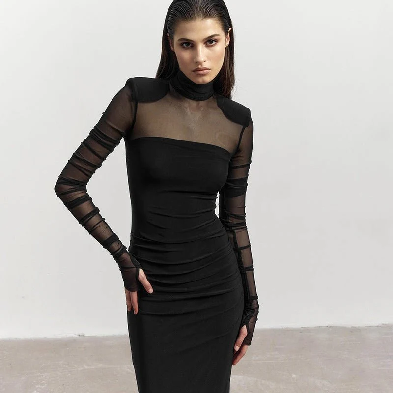 The Sheer Edge | Solid Black Mesh Splicing High-Collar Bodycon Maxi Dress FD - Image 5