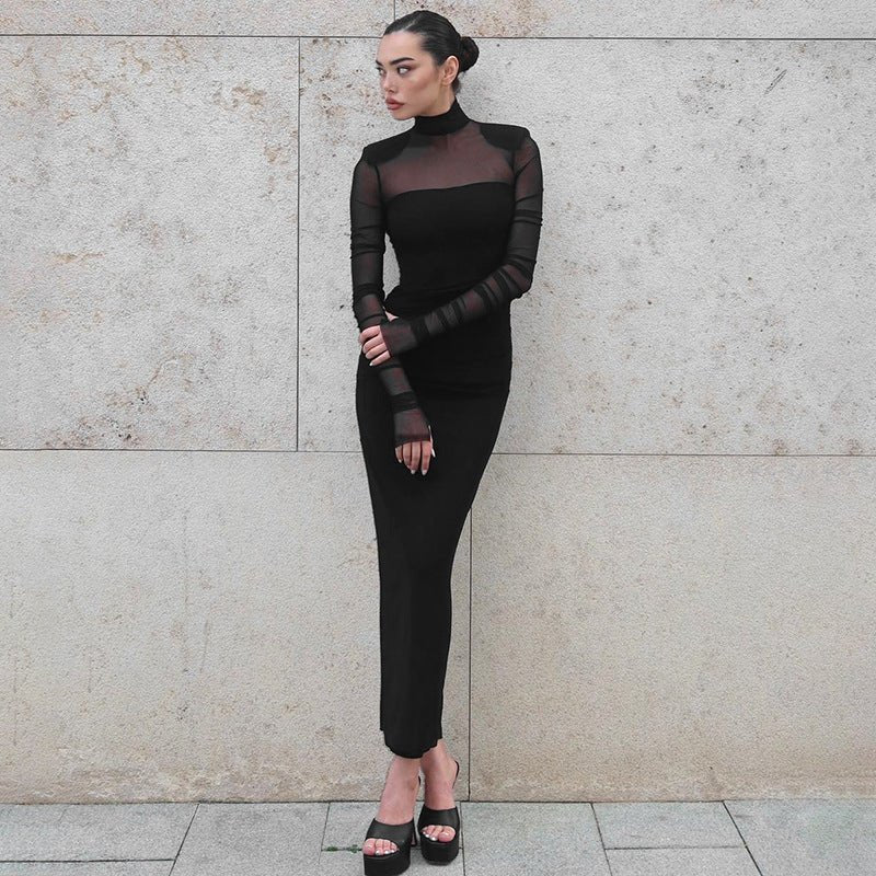 The Sheer Edge | Solid Black Mesh Splicing High-Collar Bodycon Maxi Dress FD - Image 8