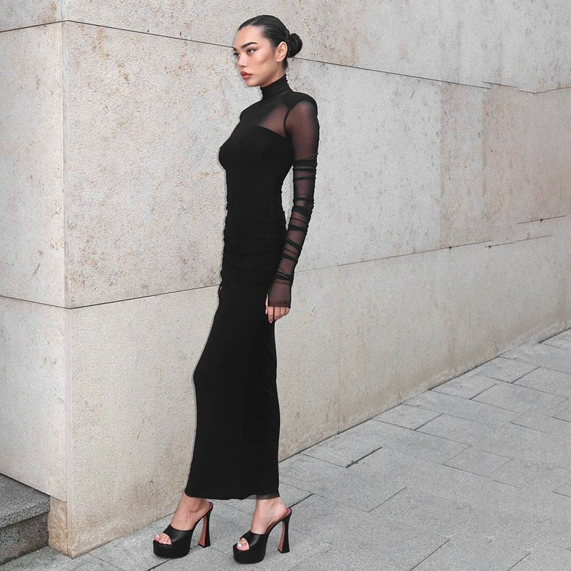 The Sheer Edge | Solid Black Mesh Splicing High-Collar Bodycon Maxi Dress FD - Image 9
