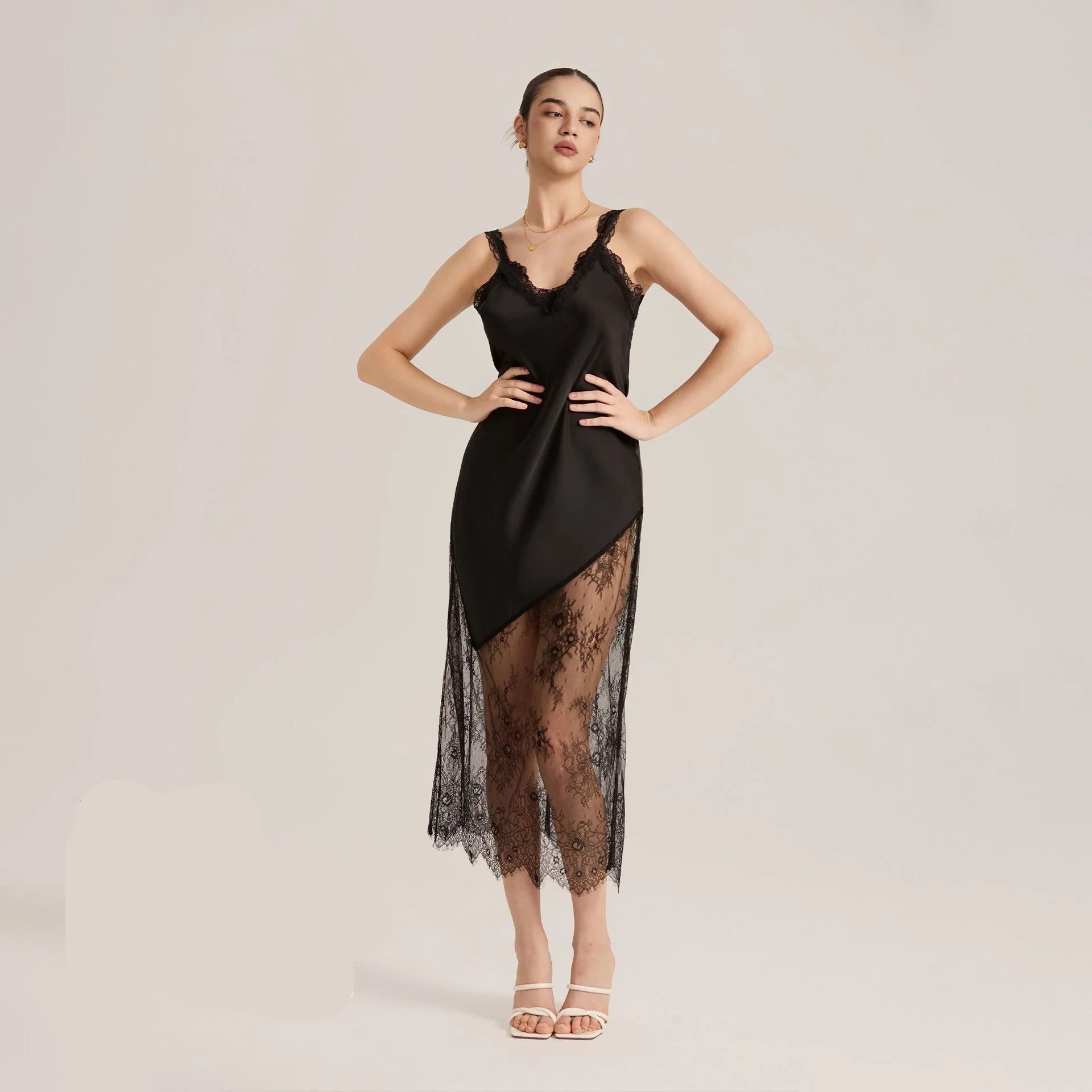 The Sheer Seduction | Black Lace Patchwork Asymmetrical Hem Satin Maxi Slip Sleep Dress - Image 2