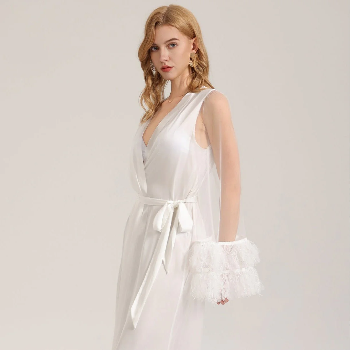 The Sheer Temptation | White Satin Mesh Long Robe Sleepwear - Image 2