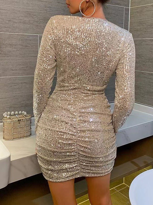 The Shimmering Grace | Solid Color Sequined V-Neck Princess Sleeve Maxi Dress - Image 7