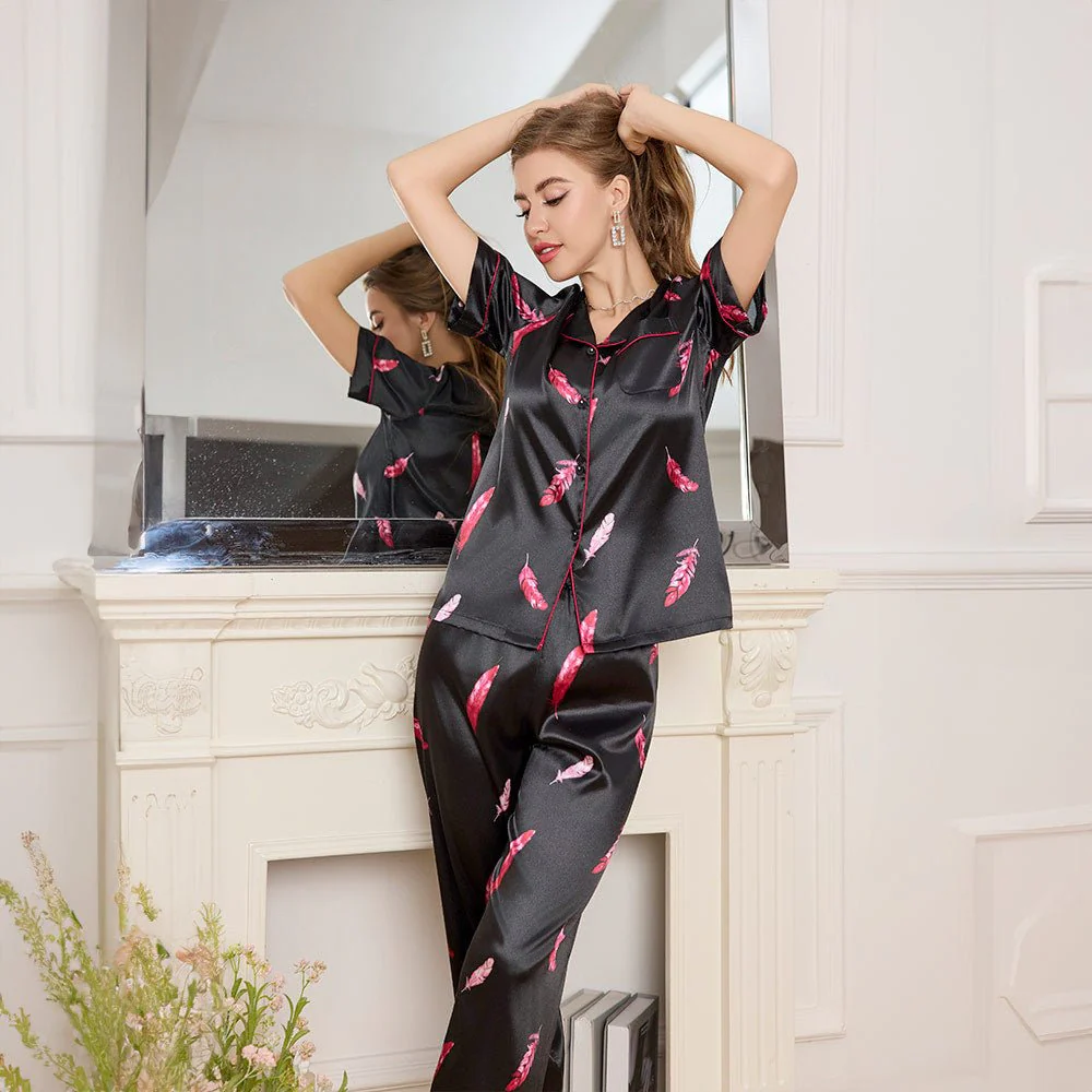 The Silk Escape | Women's Ice Silk Short-Sleeve Long Pajama Set - Image 2