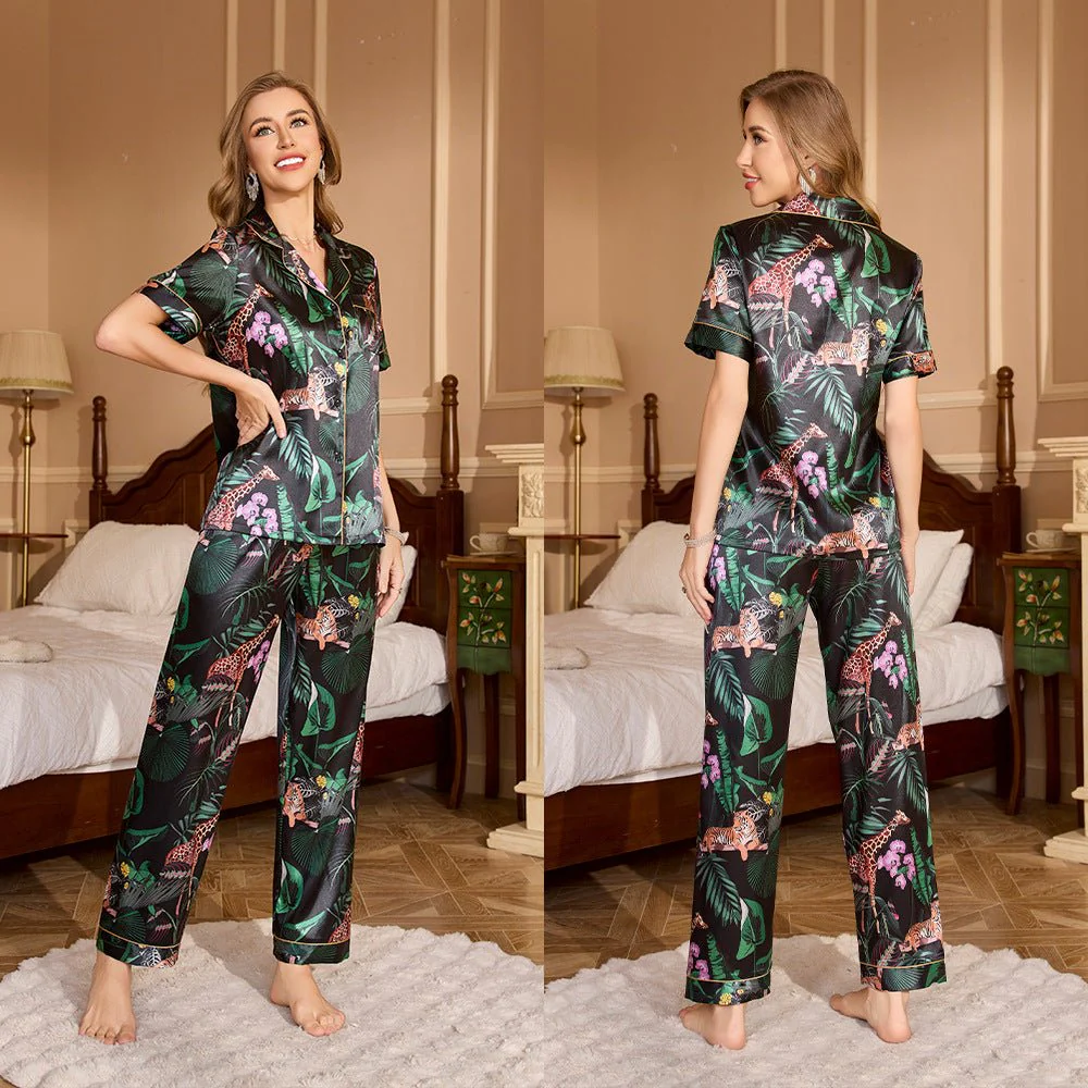 The Silk Escape | Women's Ice Silk Short-Sleeve Long Pajama Set FD - Image 8