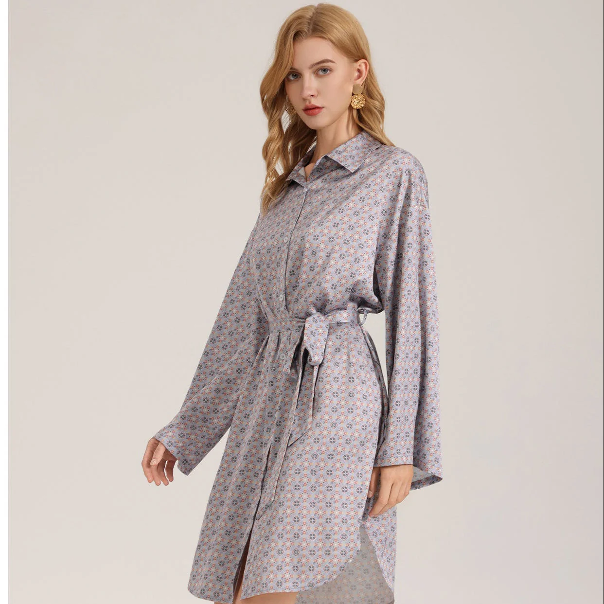 The Silk Whisper | Printed Satin Long-Sleeve Sleep Shirt Dress - Image 2
