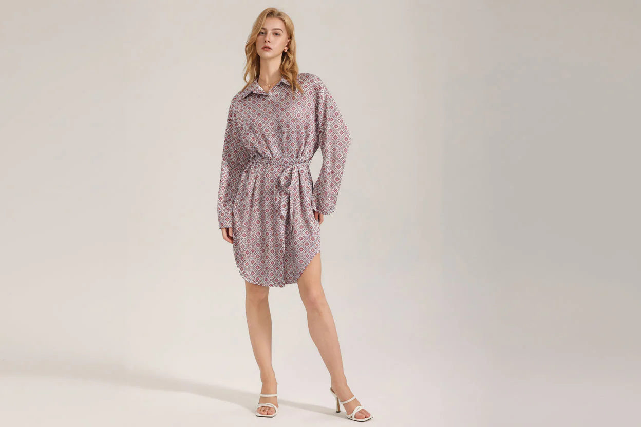 The Silk Whisper | Printed Satin Long-Sleeve Sleep Shirt Dress - Image 3
