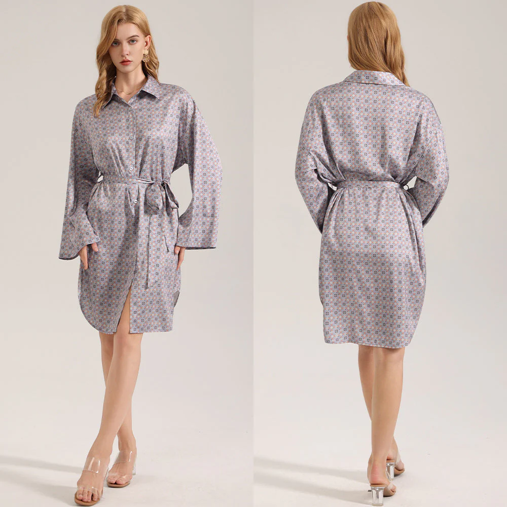 The Silk Whisper | Printed Satin Long-Sleeve Sleep Shirt Dress - Image 7