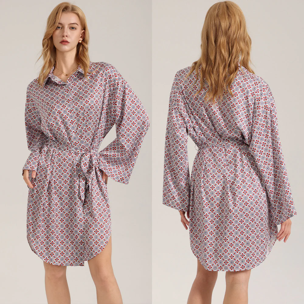The Silk Whisper | Printed Satin Long-Sleeve Sleep Shirt Dress - Image 9