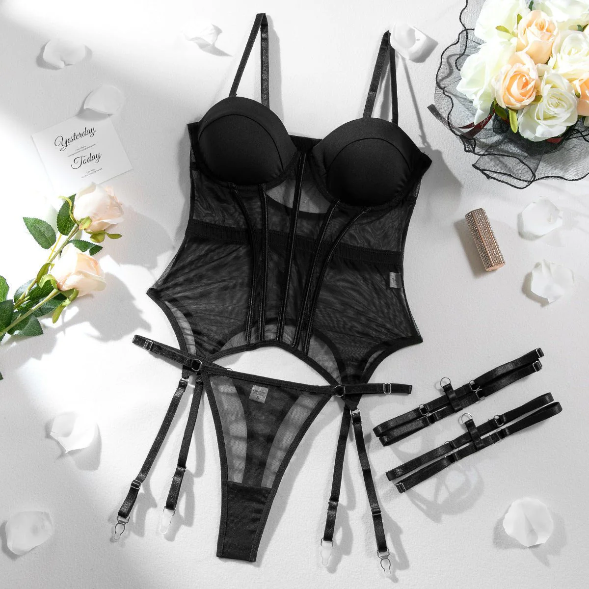 The Silken Embrace | Transparent Mesh Splicing Gathered Jumpsuit Lingerie Set - Image 4