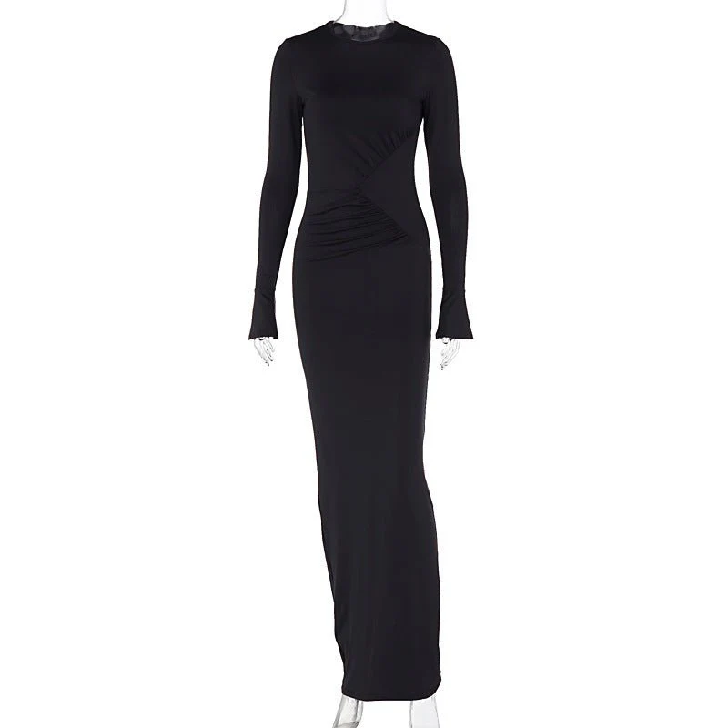 The Sleek Allure | Solid Color Ruched Long-Sleeve Bodycon Maxi Dress - Image 2