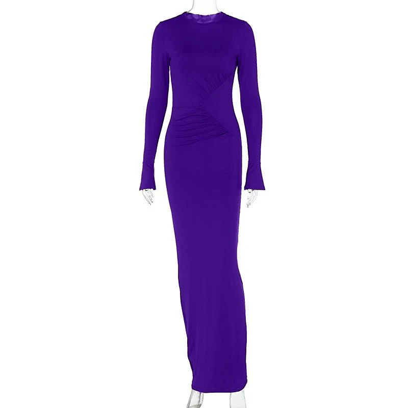 The Sleek Allure | Solid Color Ruched Long-Sleeve Bodycon Maxi Dress - Image 3