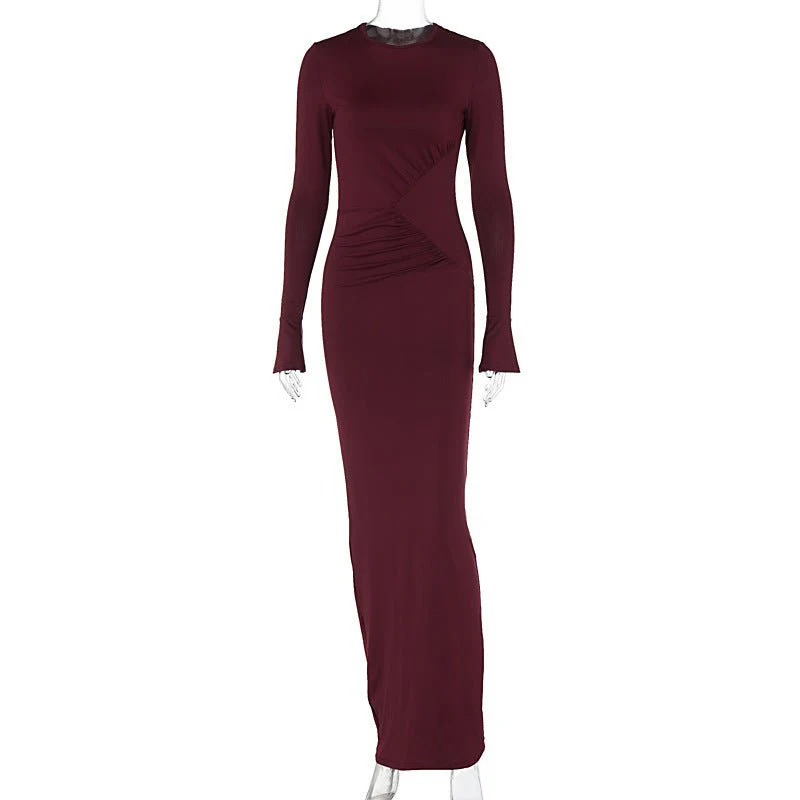 The Sleek Allure | Solid Color Ruched Long-Sleeve Bodycon Maxi Dress - Image 4