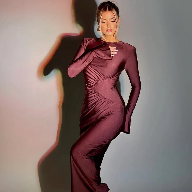 The Sleek Allure | Solid Color Ruched Long-Sleeve Bodycon Maxi Dress - Image 5