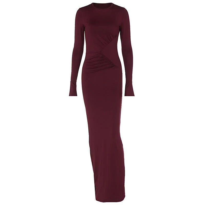 The Sleek Allure | Solid Color Ruched Long-Sleeve Bodycon Maxi Dress - Image 8