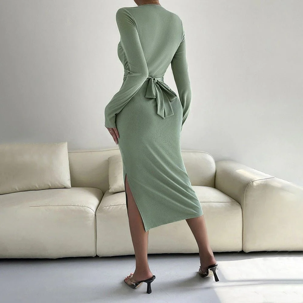 The Sleek Grace | Solid Color Long-Sleeve Bodycon Midi Dress - Image 3