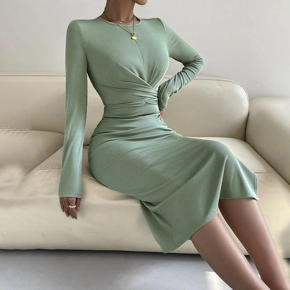 The Sleek Grace | Solid Color Long-Sleeve Bodycon Midi Dress - Image 5