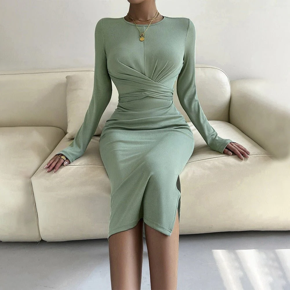 The Sleek Grace | Solid Color Long-Sleeve Bodycon Midi Dress - Image 8