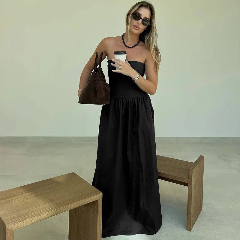 The Sleek Grace | Solid Color Wrapped Chest Pleated A-Line Maxi Dress - Image 7