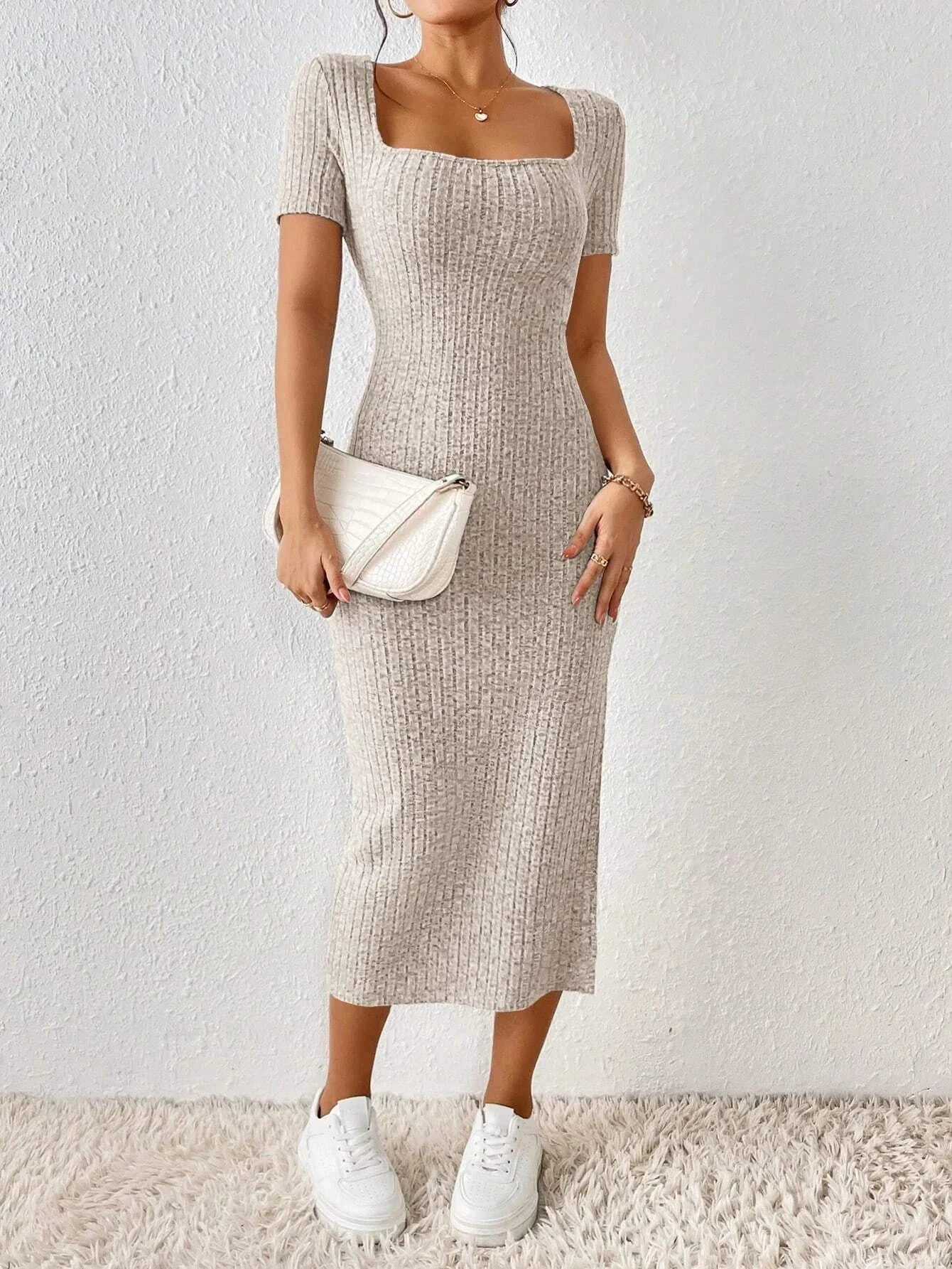 The Sleek Slit | Solid Color Square-Neck Short-Sleeve Bodycon Midi Dress - Image 6