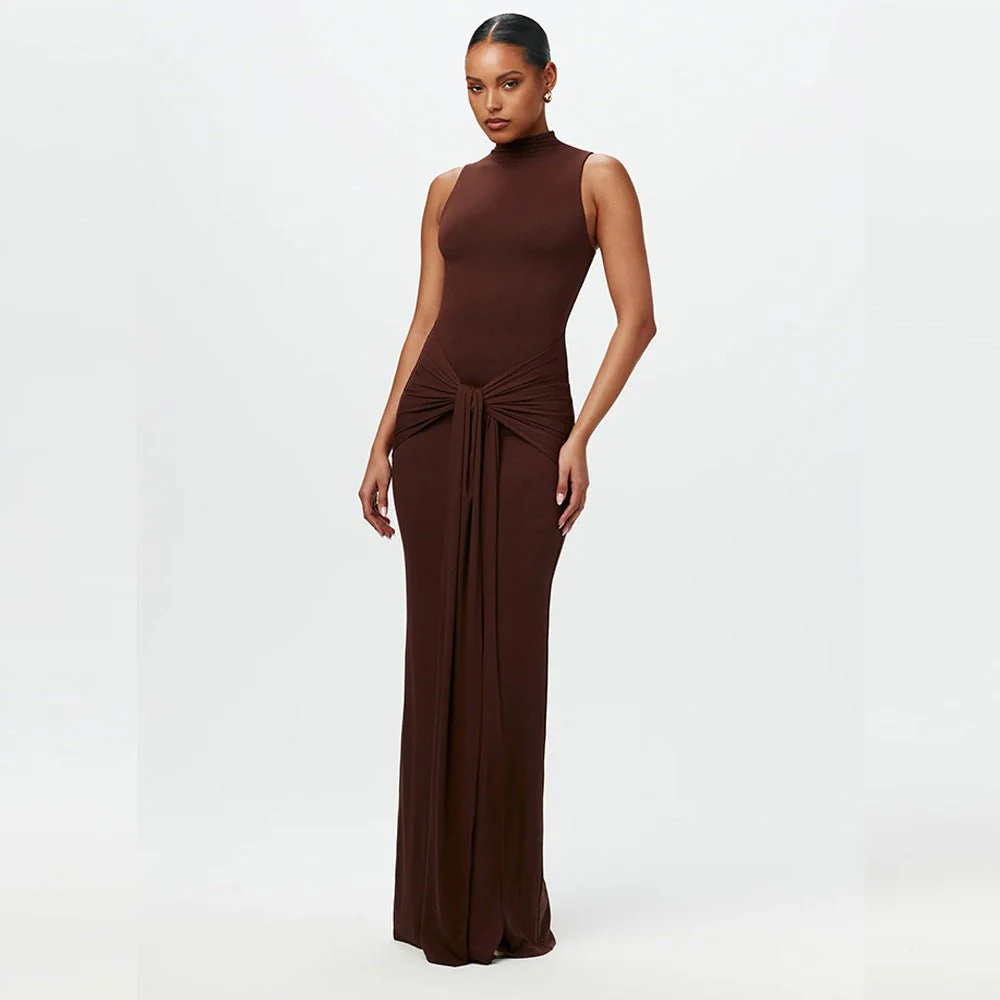 The Sleek Strap | Solid Color Crew Neck Suspender Maxi Dress - Image 12