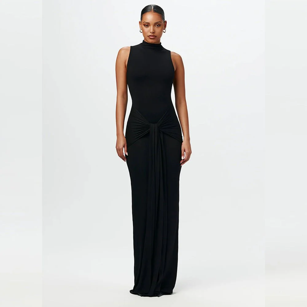 The Sleek Strap | Solid Color Crew Neck Suspender Maxi Dress - Image 13