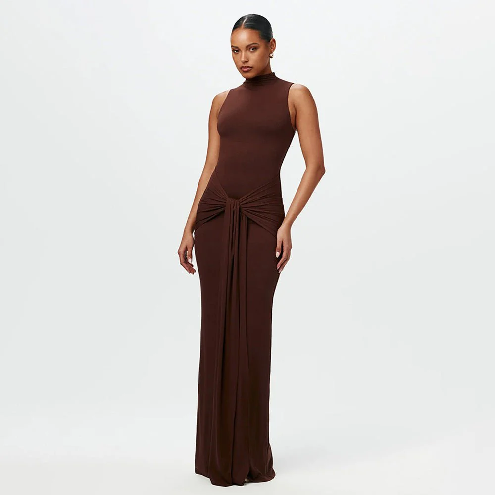 The Sleek Strap | Solid Color Crew Neck Suspender Maxi Dress - Image 5
