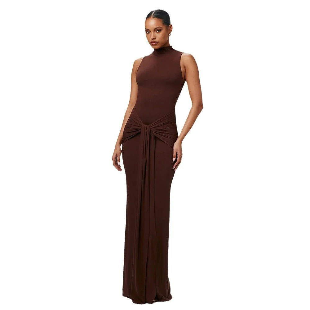 The Sleek Strap | Solid Color Crew Neck Suspender Maxi Dress - Image 8