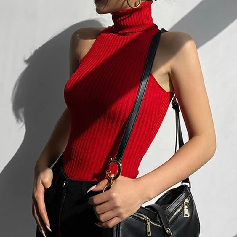 The Sleek Whisper | Solid Color High Collar Sleeveless Slim Fit Sweater FD - Image 2