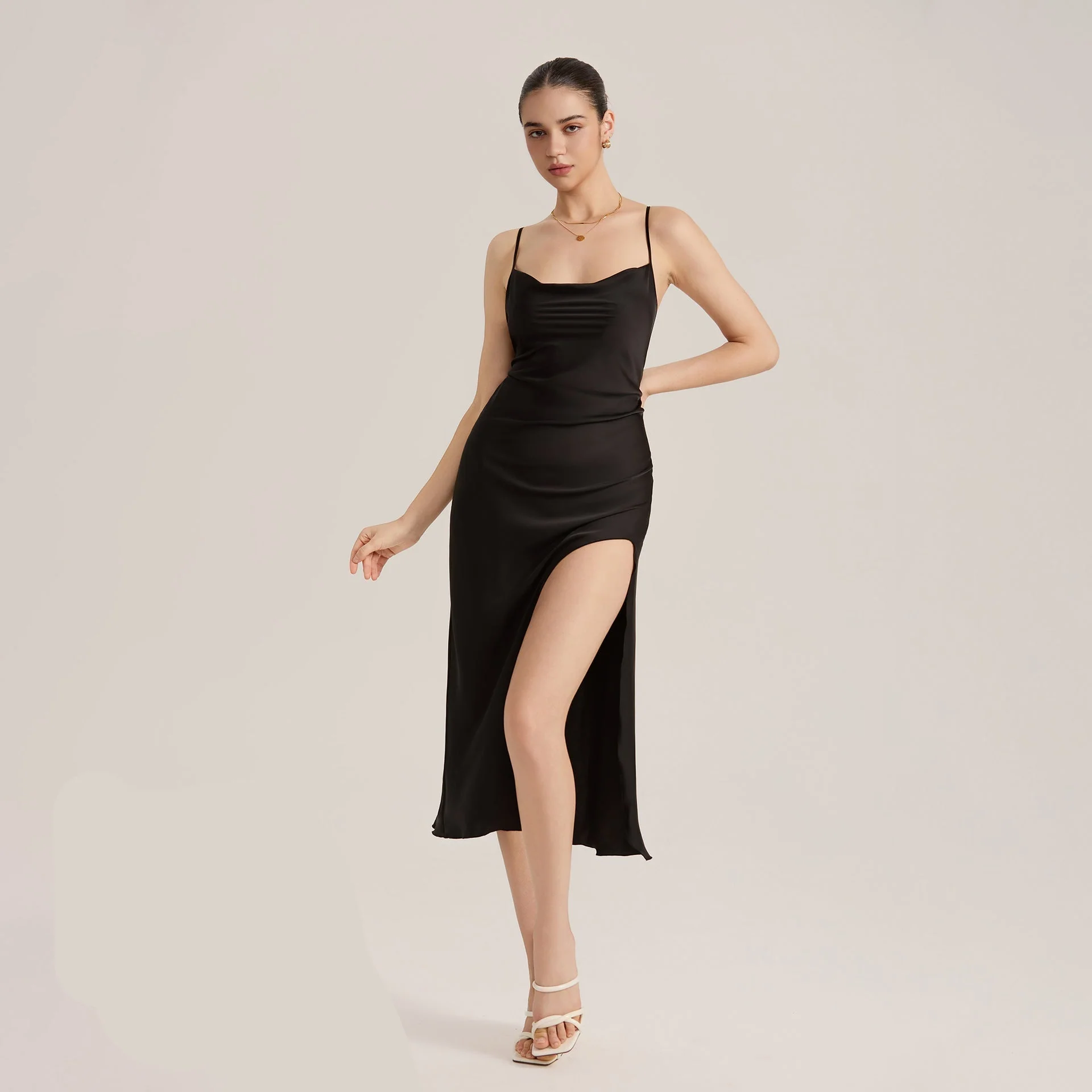 The Slit Seduction | Black Satin High-Slit Crisscross Back Maxi Slip Dress - Image 2