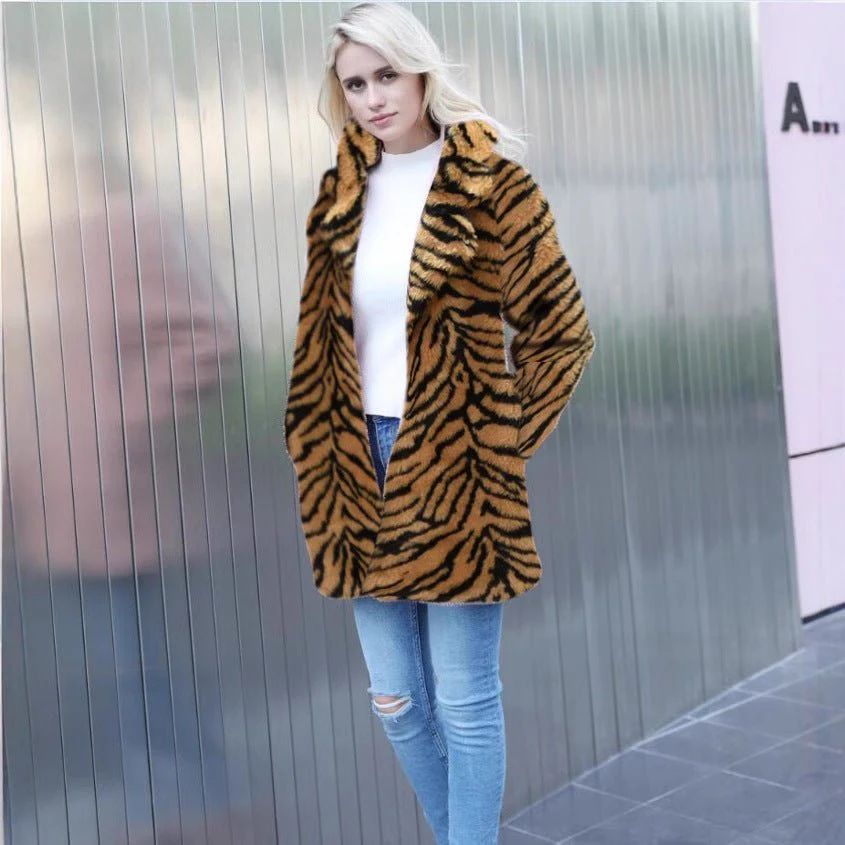 The Snow Tiger Luxe | Imitation Fur Medium-Long Suit Collar Coat FD - Image 2
