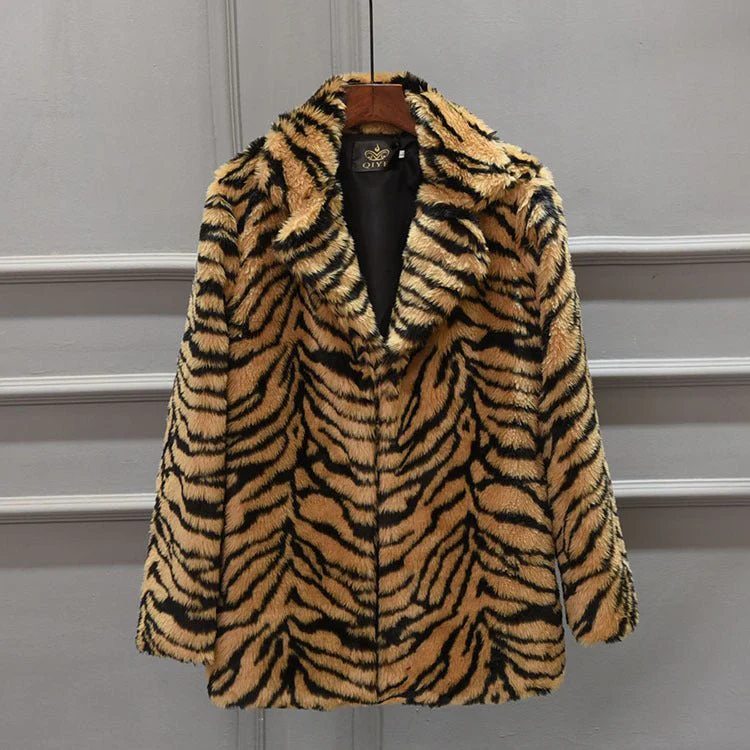 The Snow Tiger Luxe | Imitation Fur Medium-Long Suit Collar Coat FD - Image 4