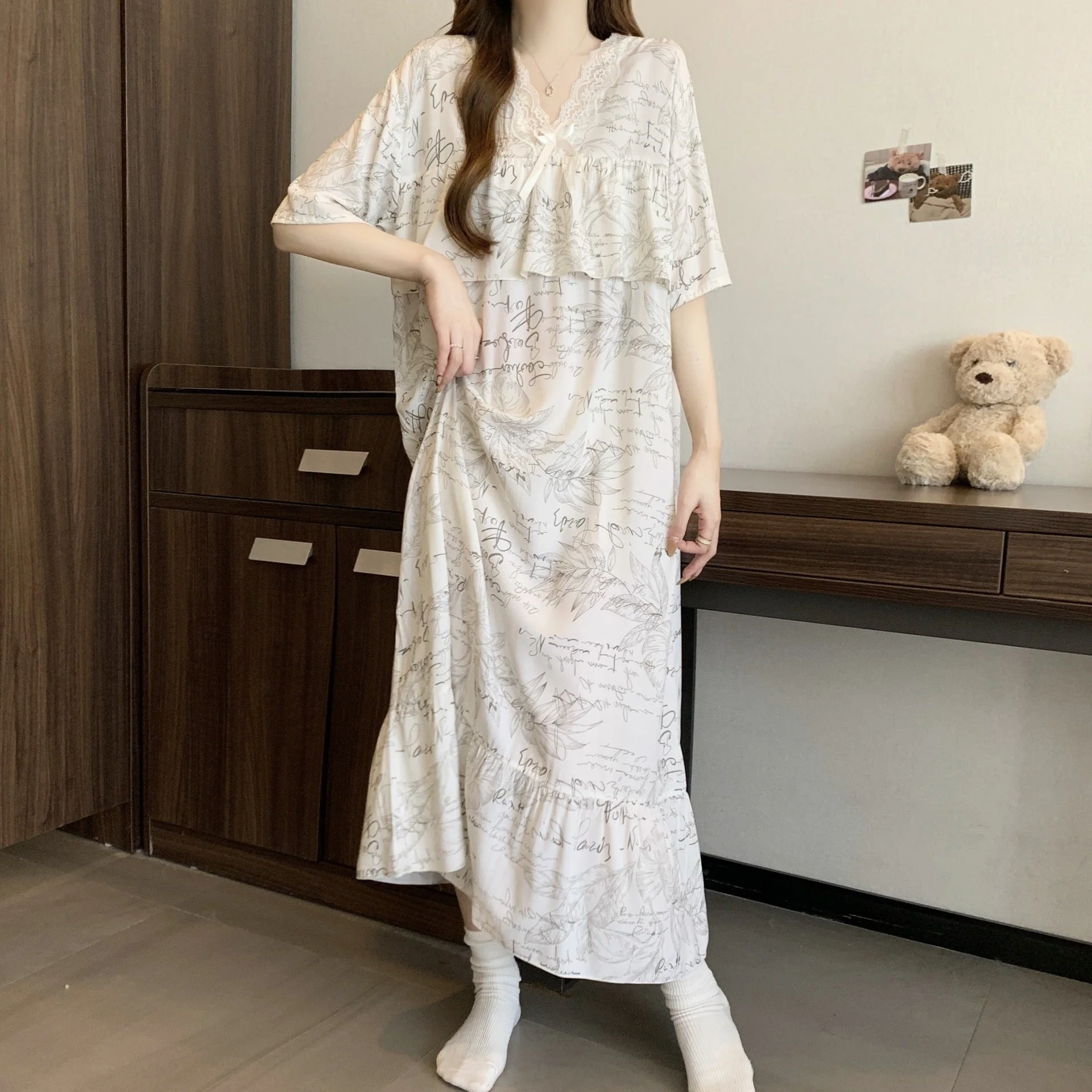 The Soft Breeze | Solid Color Cotton-Silk V-Neck Long Pajama Dress