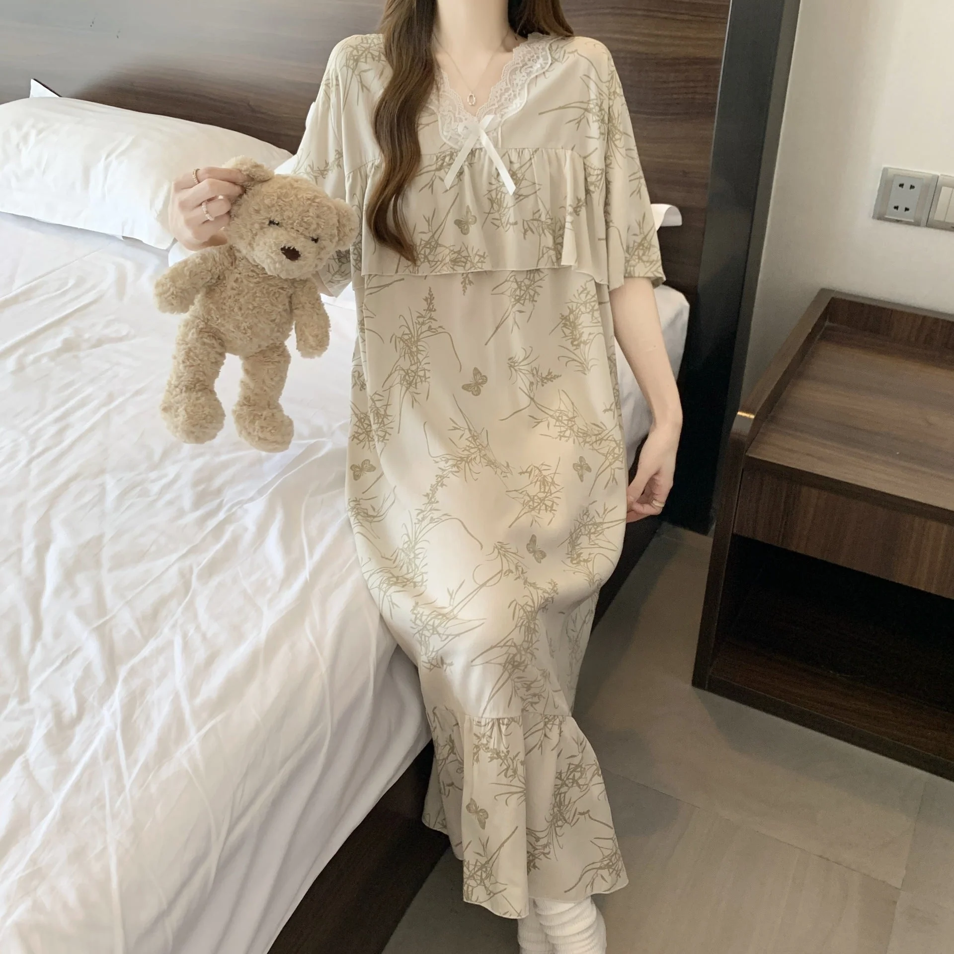 The Soft Breeze | Solid Color Cotton-Silk V-Neck Long Pajama Dress - Image 10