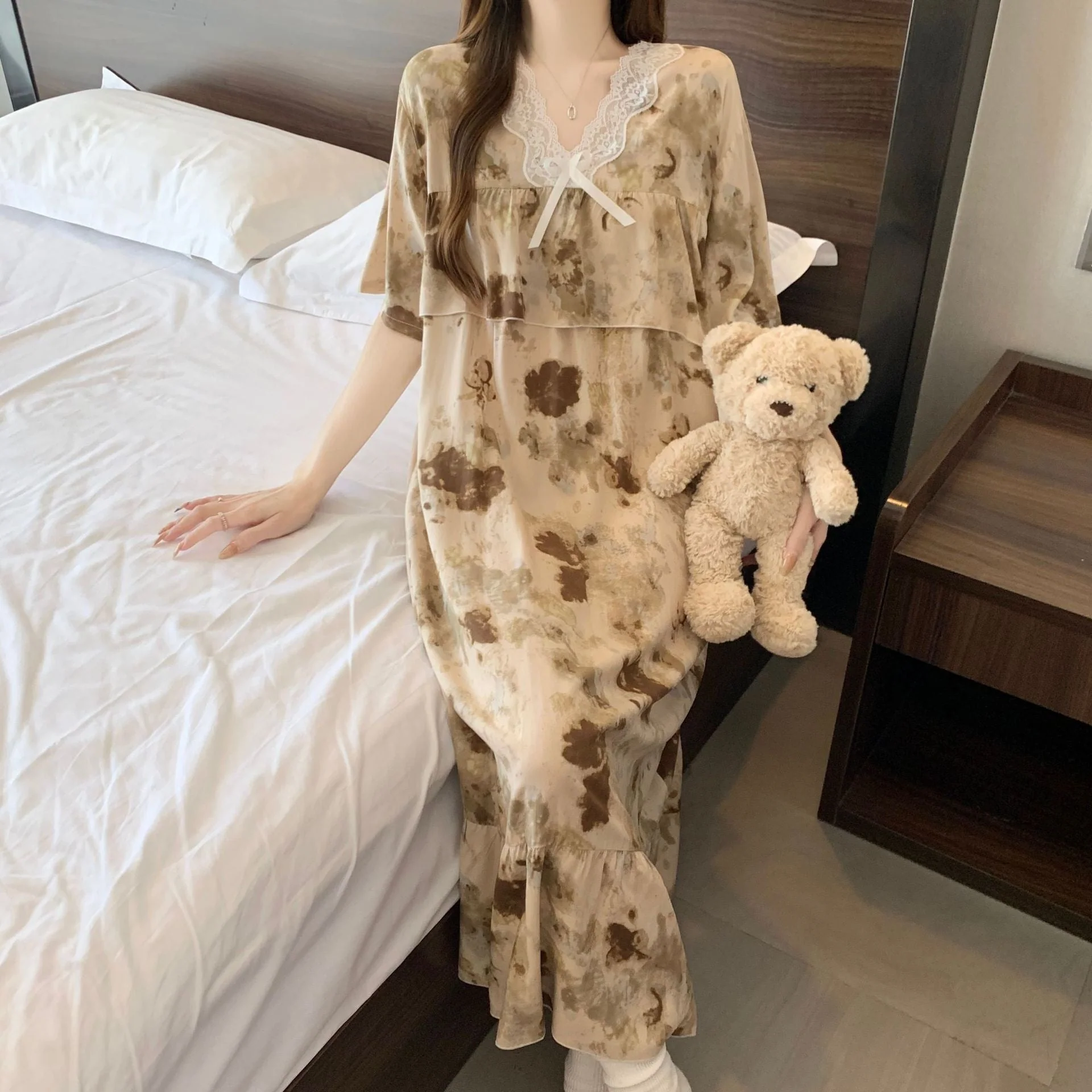 The Soft Breeze | Solid Color Cotton-Silk V-Neck Long Pajama Dress - Image 11