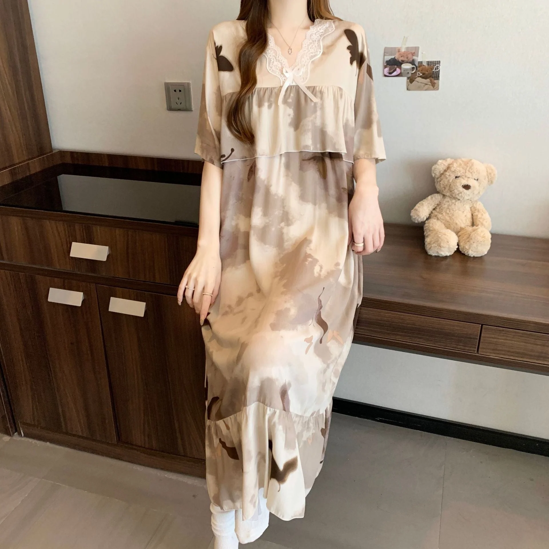 The Soft Breeze | Solid Color Cotton-Silk V-Neck Long Pajama Dress - Image 12